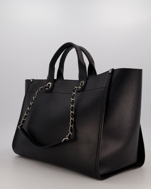 Chanel Black Medium Deauville Tote Bag in Caviar Leather with Silver Hardware