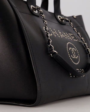 Chanel Black Medium Deauville Tote Bag in Caviar Leather with Silver Hardware