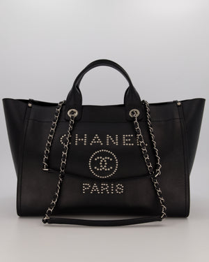 Chanel Black Medium Deauville Tote Bag in Caviar Leather with Silver Hardware