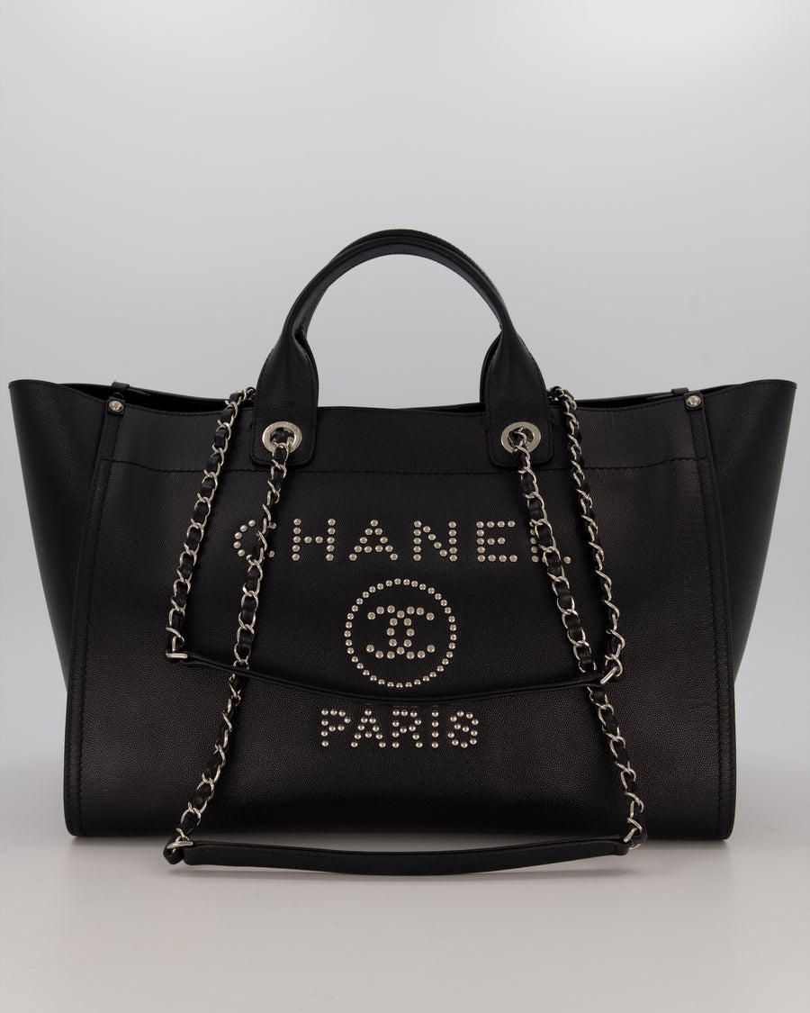Chanel Black Medium Deauville Tote Bag in Caviar Leather with Silver Hardware