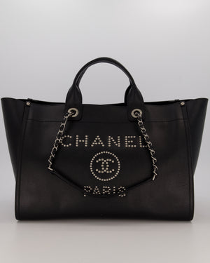 Chanel Black Medium Deauville Tote Bag in Caviar Leather with Silver Hardware