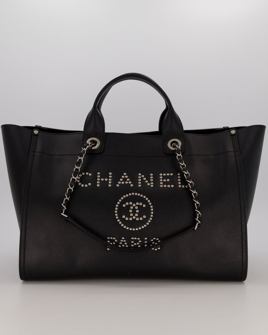 Chanel Black Medium Deauville Tote Bag in Caviar Leather with Silver Hardware