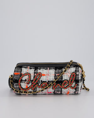 Chanel Pink, White and Black Tweed Written In Chain Bowling Bag in Tweed with Leather Wristlet Strap, Long Chain Strap and Gold Hardware