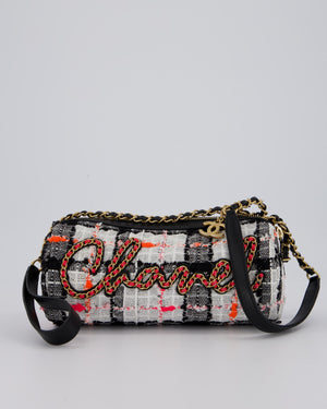 Chanel Pink, White and Black Tweed Written In Chain Bowling Bag in Tweed with Leather Wristlet Strap, Long Chain Strap and Gold Hardware