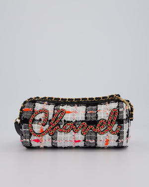 Chanel Pink, White and Black Tweed Written In Chain Bowling Bag in Tweed with Leather Wristlet Strap, Long Chain Strap and Gold Hardware
