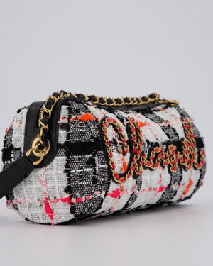 Chanel Pink, White and Black Tweed Written In Chain Bowling Bag in Tweed with Leather Wristlet Strap, Long Chain Strap and Gold Hardware