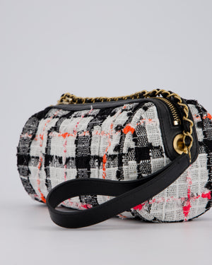 Chanel Pink, White and Black Tweed Written In Chain Bowling Bag in Tweed with Leather Wristlet Strap, Long Chain Strap and Gold Hardware