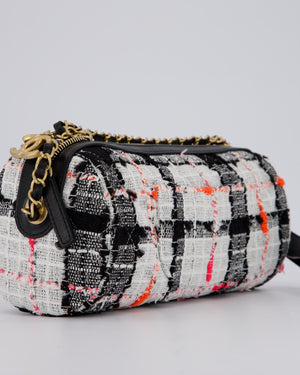 Chanel Pink, White and Black Tweed Written In Chain Bowling Bag in Tweed with Leather Wristlet Strap, Long Chain Strap and Gold Hardware
