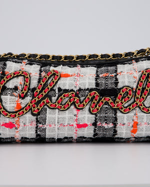 Chanel Pink, White and Black Tweed Written In Chain Bowling Bag in Tweed with Leather Wristlet Strap, Long Chain Strap and Gold Hardware
