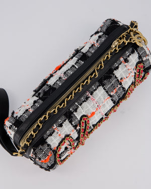 Chanel Pink, White and Black Tweed Written In Chain Bowling Bag in Tweed with Leather Wristlet Strap, Long Chain Strap and Gold Hardware