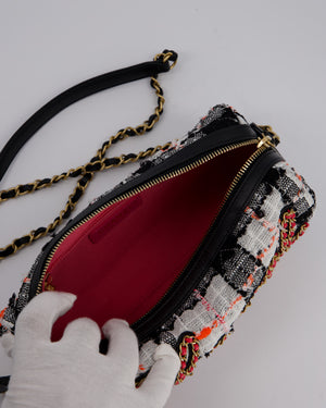 Chanel Pink, White and Black Tweed Written In Chain Bowling Bag in Tweed with Leather Wristlet Strap, Long Chain Strap and Gold Hardware