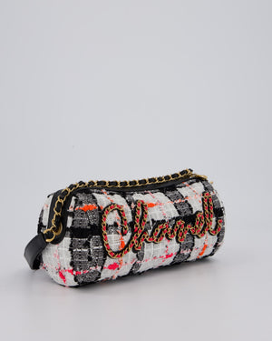 Chanel Pink, White and Black Tweed Written In Chain Bowling Bag in Tweed with Leather Wristlet Strap, Long Chain Strap and Gold Hardware