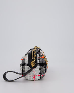 Chanel Pink, White and Black Tweed Written In Chain Bowling Bag in Tweed with Leather Wristlet Strap, Long Chain Strap and Gold Hardware