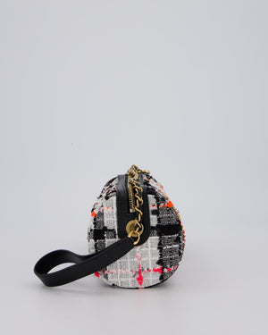 Chanel Pink, White and Black Tweed Written In Chain Bowling Bag in Tweed with Leather Wristlet Strap, Long Chain Strap and Gold Hardware