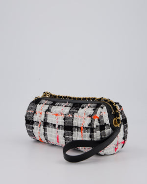 Chanel Pink, White and Black Tweed Written In Chain Bowling Bag in Tweed with Leather Wristlet Strap, Long Chain Strap and Gold Hardware