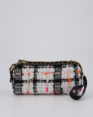 Chanel Pink, White and Black Tweed Written In Chain Bowling Bag in Tweed with Leather Wristlet Strap, Long Chain Strap and Gold Hardware