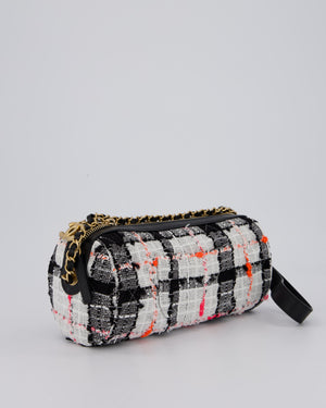 Chanel Pink, White and Black Tweed Written In Chain Bowling Bag in Tweed with Leather Wristlet Strap, Long Chain Strap and Gold Hardware