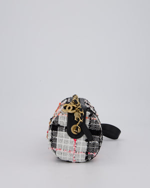 Chanel Pink, White and Black Tweed Written In Chain Bowling Bag in Tweed with Leather Wristlet Strap, Long Chain Strap and Gold Hardware