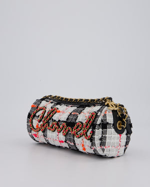 Chanel Pink, White and Black Tweed Written In Chain Bowling Bag in Tweed with Leather Wristlet Strap, Long Chain Strap and Gold Hardware