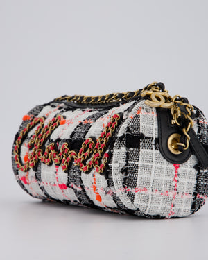 Chanel Pink, White and Black Tweed Written In Chain Bowling Bag in Tweed with Leather Wristlet Strap, Long Chain Strap and Gold Hardware