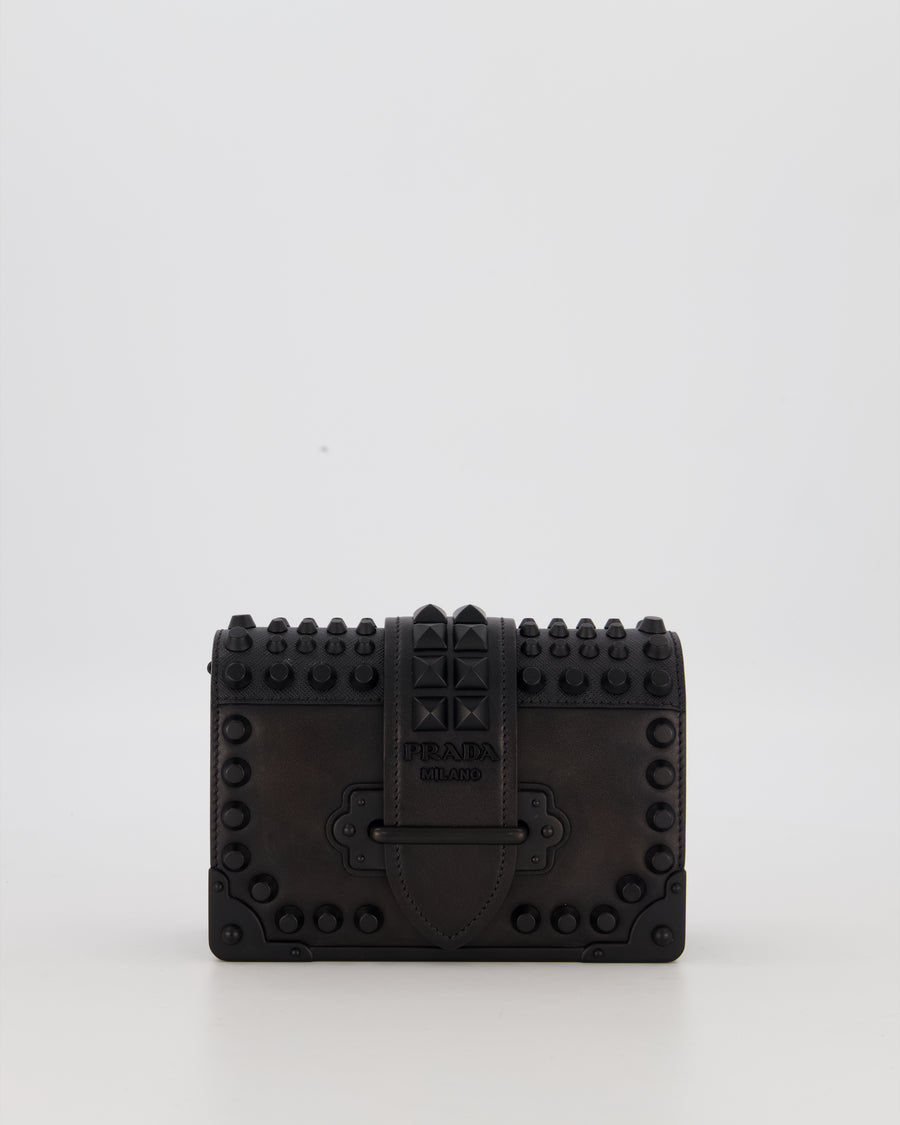 Prada Black Studded Cahier Cross-Body Shoulder Bag In Saffiano Calfskin Leather with Black Hardware