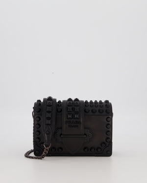 Prada Black Studded Cahier Cross-Body Shoulder Bag In Saffiano Calfskin Leather with Black Hardware