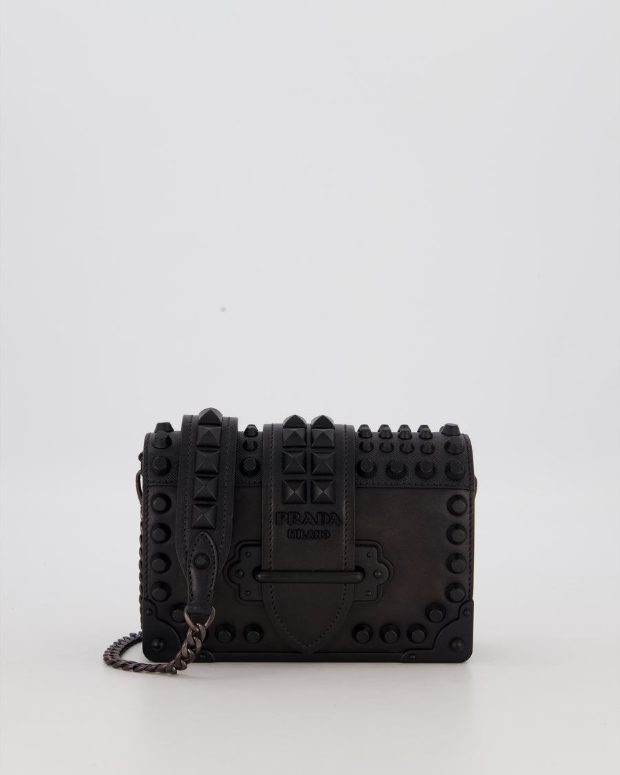 Prada Black Studded Cahier Cross-Body Shoulder Bag In Saffiano Calfskin Leather with Black Hardware