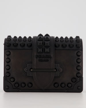 Prada Black Studded Cahier Cross-Body Shoulder Bag In Saffiano Calfskin Leather with Black Hardware
