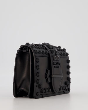 Prada Black Studded Cahier Cross-Body Shoulder Bag In Saffiano Calfskin Leather with Black Hardware