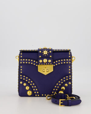 Prada Saffiano in Dar Blue and Gold Studded Leather Top Handel Bag in Inchiostro with Gold Hardware