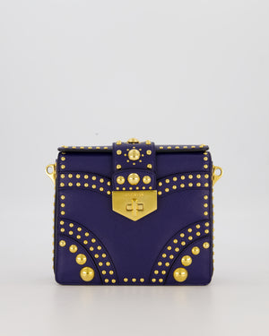 Prada Saffiano in Dar Blue and Gold Studded Leather Top Handel Bag in Inchiostro with Gold Hardware