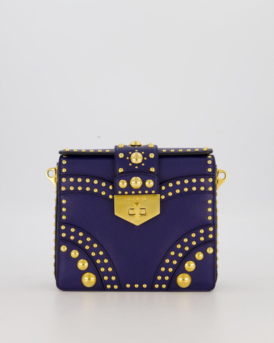 Prada Saffiano in Dar Blue and Gold Studded Leather Top Handel Bag in Inchiostro with Gold Hardware