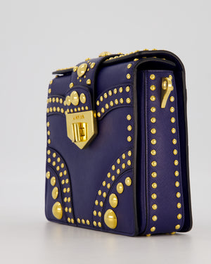 Prada Saffiano in Dar Blue and Gold Studded Leather Top Handel Bag in Inchiostro with Gold Hardware
