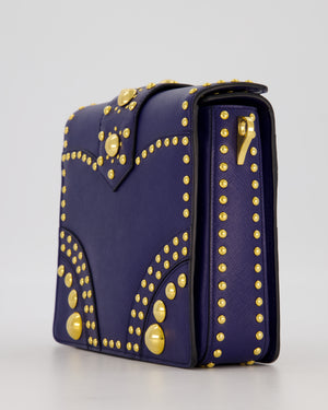 Prada Saffiano in Dar Blue and Gold Studded Leather Top Handel Bag in Inchiostro with Gold Hardware