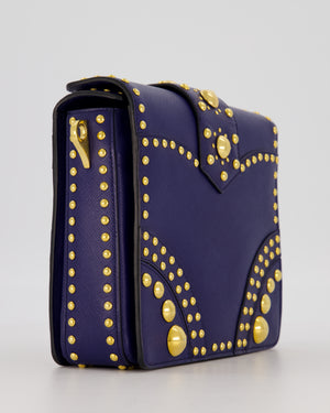 Prada Saffiano in Dar Blue and Gold Studded Leather Top Handel Bag in Inchiostro with Gold Hardware
