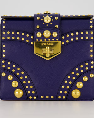 Prada Saffiano in Dar Blue and Gold Studded Leather Top Handel Bag in Inchiostro with Gold Hardware