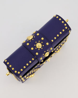Prada Saffiano in Dar Blue and Gold Studded Leather Top Handel Bag in Inchiostro with Gold Hardware