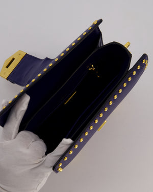 Prada Saffiano in Dar Blue and Gold Studded Leather Top Handel Bag in Inchiostro with Gold Hardware