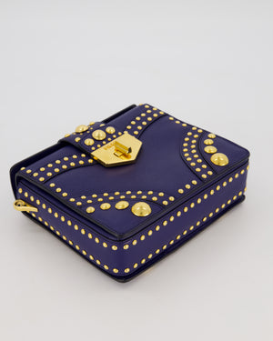 Prada Saffiano in Dar Blue and Gold Studded Leather Top Handel Bag in Inchiostro with Gold Hardware