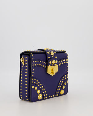 Prada Saffiano in Dar Blue and Gold Studded Leather Top Handel Bag in Inchiostro with Gold Hardware