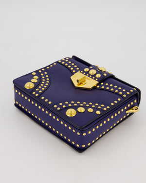 Prada Saffiano in Dar Blue and Gold Studded Leather Top Handel Bag in Inchiostro with Gold Hardware