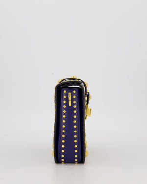 Prada Saffiano in Dar Blue and Gold Studded Leather Top Handel Bag in Inchiostro with Gold Hardware