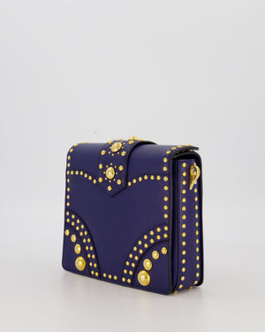 Prada Saffiano in Dar Blue and Gold Studded Leather Top Handel Bag in Inchiostro with Gold Hardware