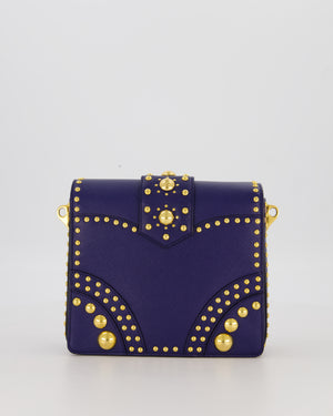Prada Saffiano in Dar Blue and Gold Studded Leather Top Handel Bag in Inchiostro with Gold Hardware