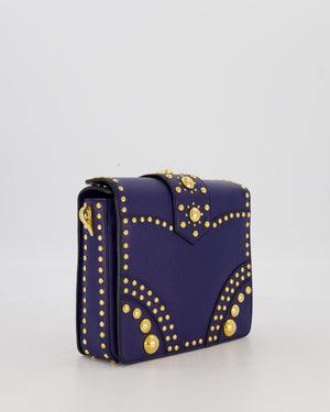 Prada Saffiano in Dar Blue and Gold Studded Leather Top Handel Bag in Inchiostro with Gold Hardware