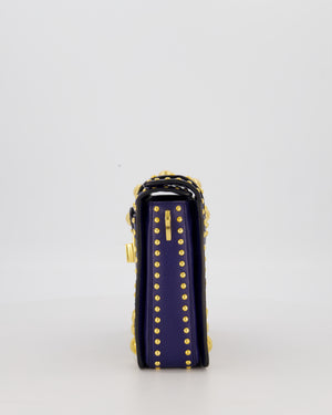 Prada Saffiano in Dar Blue and Gold Studded Leather Top Handel Bag in Inchiostro with Gold Hardware