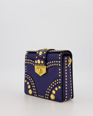 Prada Saffiano in Dar Blue and Gold Studded Leather Top Handel Bag in Inchiostro with Gold Hardware