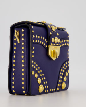 Prada Saffiano in Dar Blue and Gold Studded Leather Top Handel Bag in Inchiostro with Gold Hardware