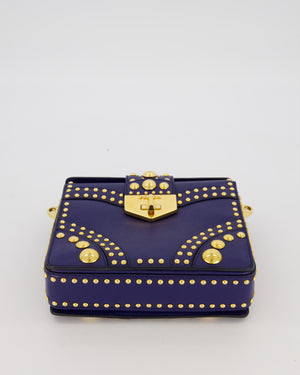 Prada Saffiano in Dar Blue and Gold Studded Leather Top Handel Bag in Inchiostro with Gold Hardware