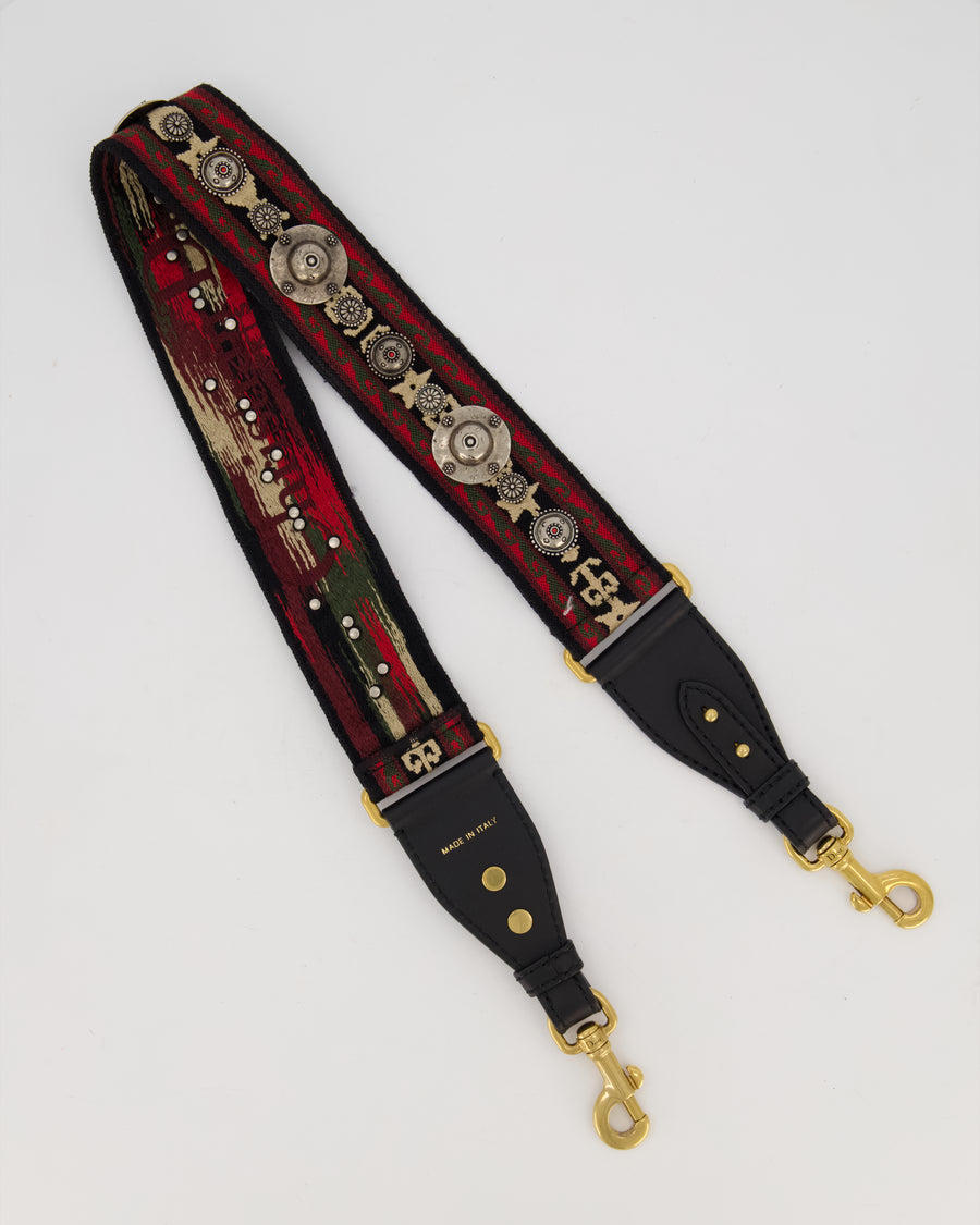 Christian Dior Embroidered Studded Red and Green Bohemian Shoulder Strap with Mixed Metal Hardware